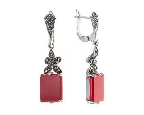 Серебряные серьги с кораллом имит. и марказитом